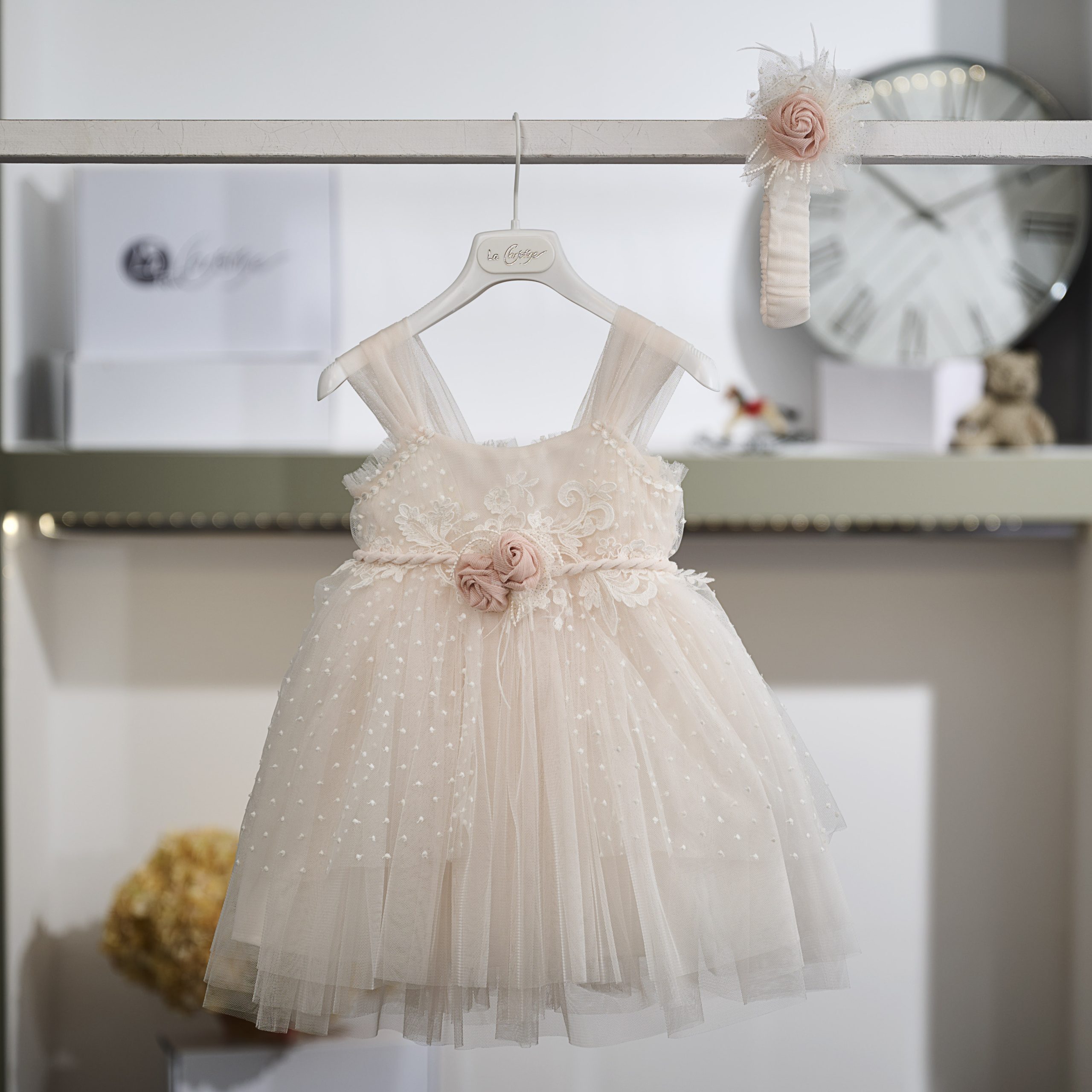 Βαπτιστικό Φόρεμα Κορίτσι La Christine 26K738 Βανίλια Τούλι Ρομαντικό