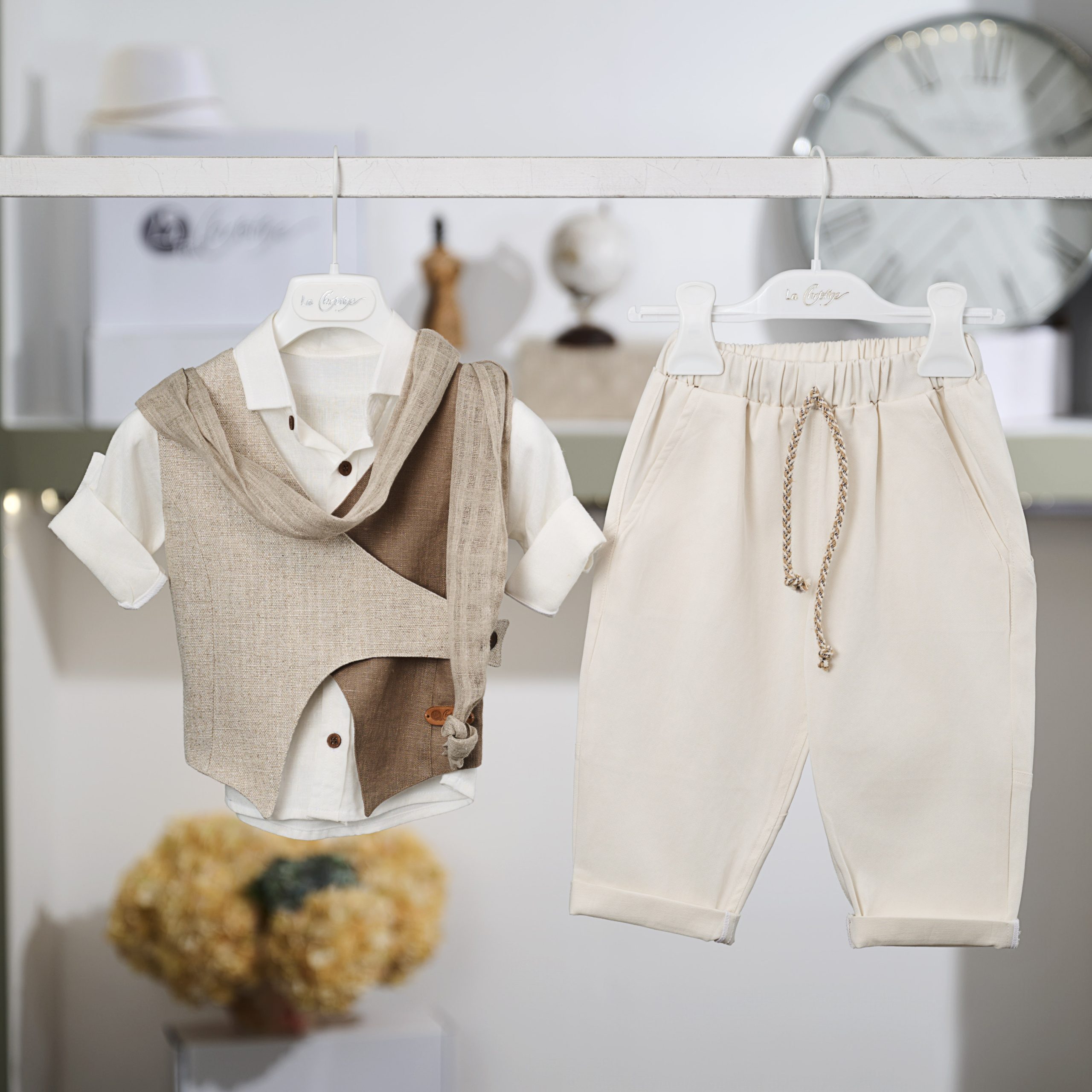 Boho Βαπτιστικό Σύνολο Αγόρι La Christine 26A503 Εκρού-Μπεζ με Ασύμμετρο Γιλέκο