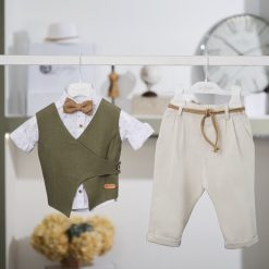 Βαπτιστικό Σετ Αγόρι La Christine 26A505 Λαδί-Εκρού με Ασύμμετρο Γιλέκο