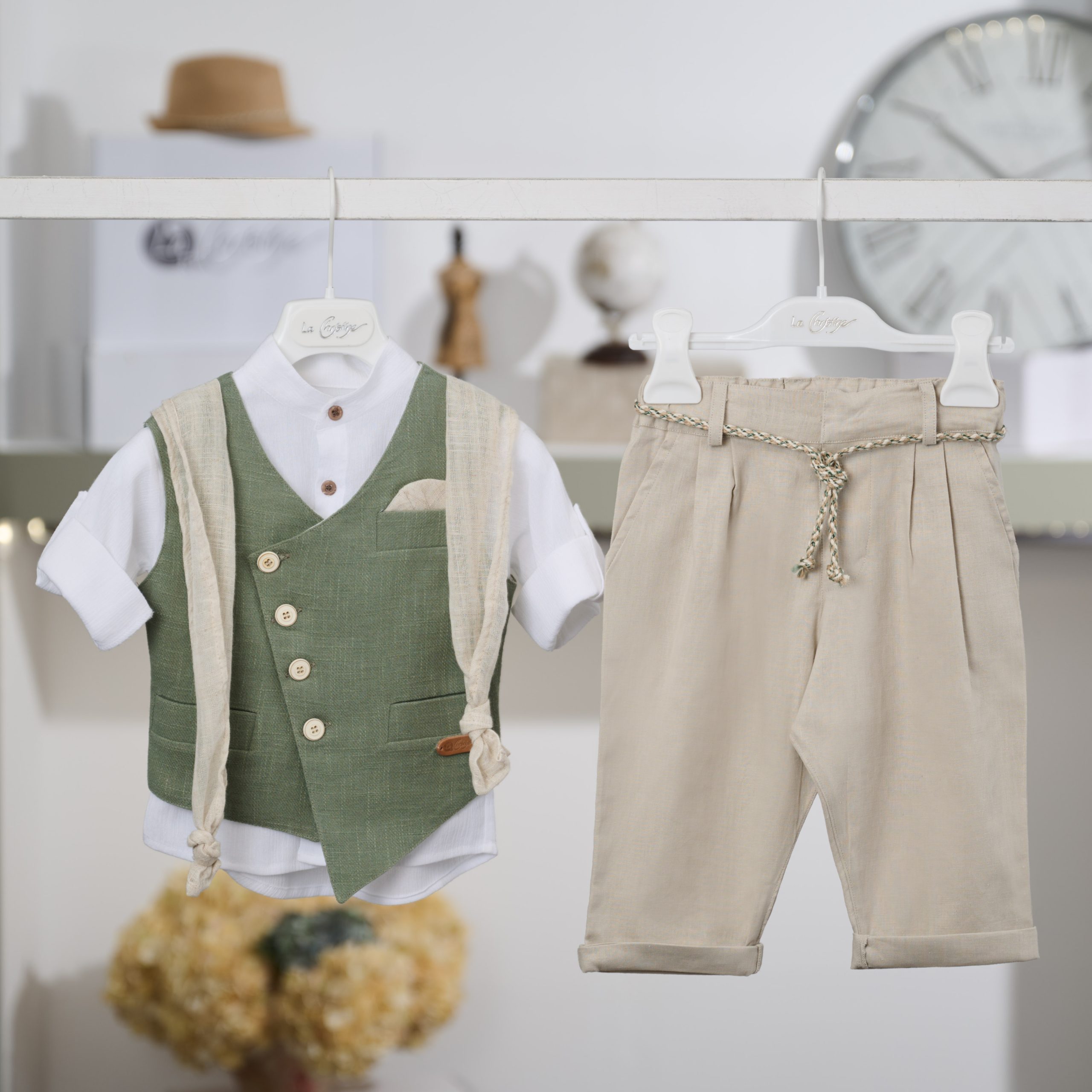 Βαπτιστικό Σύνολο Αγόρι La Christine 26A507 Χακί-Μπεζ με Φουλάρι & Baggy Παντελόνι