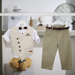 Βαπτιστικό Σύνολο Αγόρι La Christine 26A511 Μπεζ-Λαδί με Ξύλινο Παπιγιόν