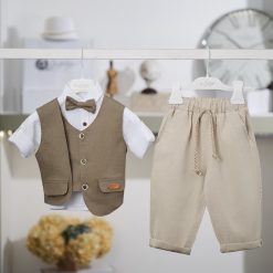 Boho Βαπτιστικό Σετ Αγόρι La Christine 26A513 Ταμπά-Μπεζ με Παντελόνι Βράκα