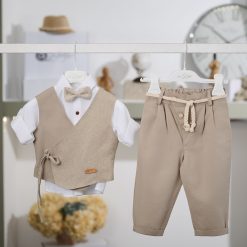 Boho Βαπτιστικό Σύνολο Αγόρι La Christine 26A523 Μπεζ με Ασύμμετρο Γιλέκο